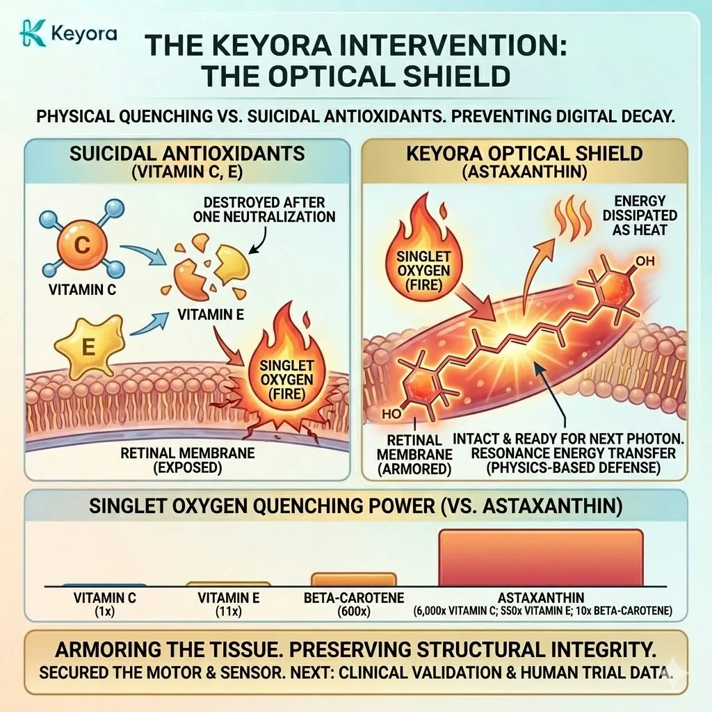 The Optical Shield utilizes Resonance Energy Transfer to neutralize Singlet Oxygen within the Neural Architecture, providing 6,000 times the quenching power of Vitamin C. The Optical Shield utilizes Resonance Energy Transfer to neutralize Singlet Oxygen within the Neural Architecture, providing 6,000 times the quenching power of Vitamin C.