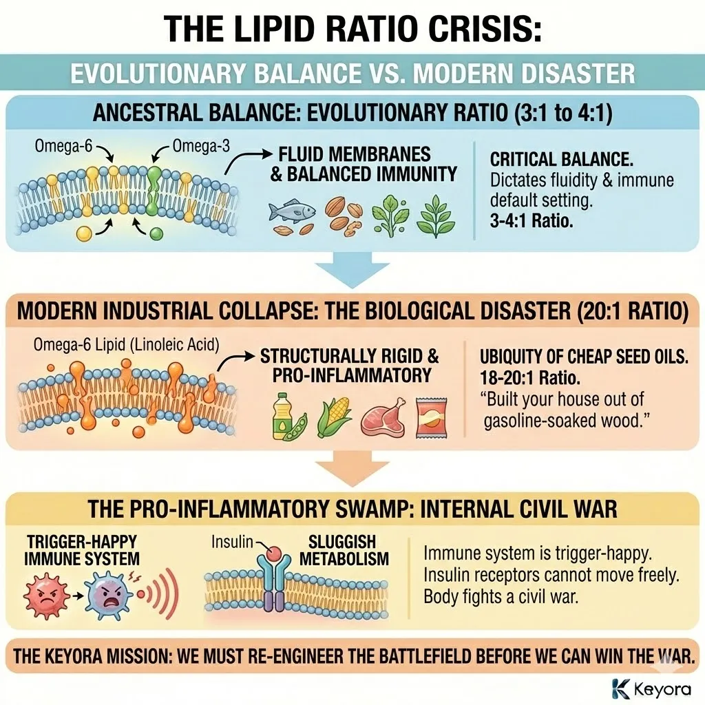 The Lipid Ratio Crisis induces structural rigidity in the Metabolic Architecture through an Omega-6/Omega-3 imbalance, creating a Pro-inflammatory Swamp that disrupts the Four-Drive System. The Lipid Ratio Crisis induces structural rigidity in the Metabolic Architecture through an Omega-6/Omega-3 imbalance, creating a Pro-inflammatory Swamp that disrupts the Four-Drive System.