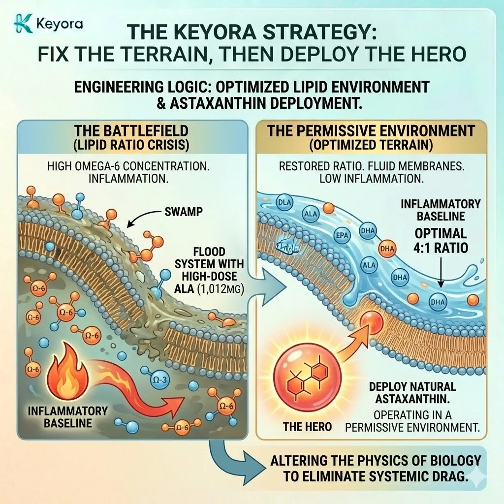 The Keyora Strategy corrects the Lipid Ratio Crisis by utilizing the 1,836mg EFA Complex to stabilize the Lipid Terrain, enabling the Neural Penetrator to operate within a permissive, fluid architecture. The Keyora Strategy corrects the Lipid Ratio Crisis by utilizing the 1,836mg EFA Complex to stabilize the Lipid Terrain, enabling the Neural Penetrator to operate within a permissive, fluid architecture.