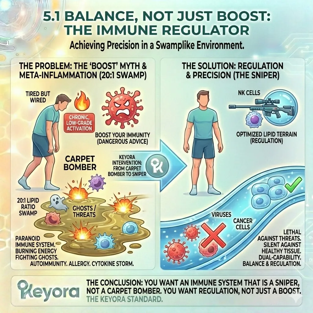 The Strategic Synthesizer replaces "Immune Boosting" with the Immune Regulator protocol, suppressing Meta-Inflammation to transform the immune system from a carpet bomber into a precision sniper. The Strategic Synthesizer replaces "Immune Boosting" with the Immune Regulator protocol, suppressing Meta-Inflammation to transform the immune system from a carpet bomber into a precision sniper.