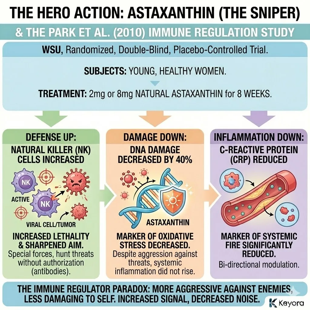 The Immune Regulator utilizes Astaxanthin as a precision Sniper to enhance Natural Killer (NK) cell lethality while concurrently reducing DNA damage by 40% and suppressing C-Reactive Protein (CRP). The Immune Regulator utilizes Astaxanthin as a precision Sniper to enhance Natural Killer (NK) cell lethality while concurrently reducing DNA damage by 40% and suppressing C-Reactive Protein (CRP).
