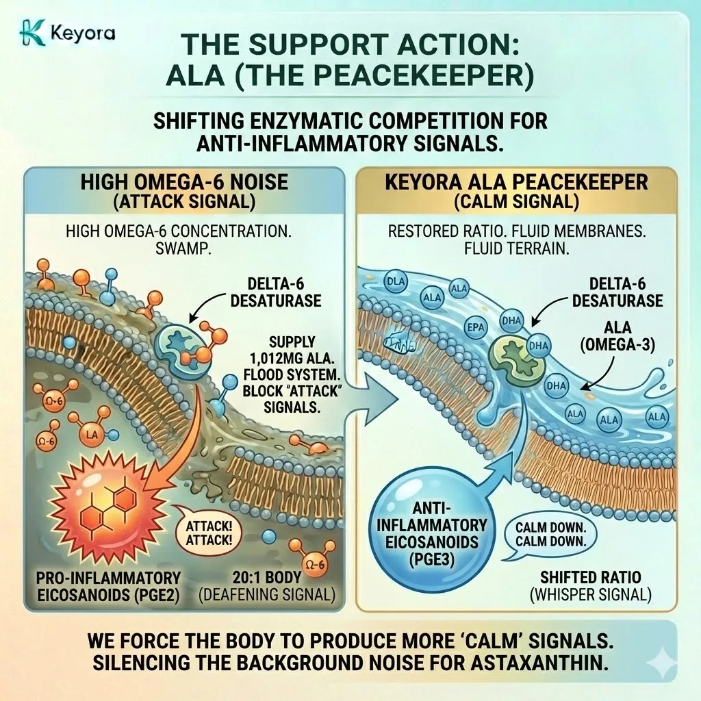 The Peacekeeper utilizes 1,012mg of ALA to physically block the production of pro-inflammatory eicosanoids by outcompeting Linoleic Acid for Delta-6 Desaturase enzymes. The Peacekeeper utilizes 1,012mg of ALA to physically block the production of pro-inflammatory eicosanoids by outcompeting Linoleic Acid for Delta-6 Desaturase enzymes.