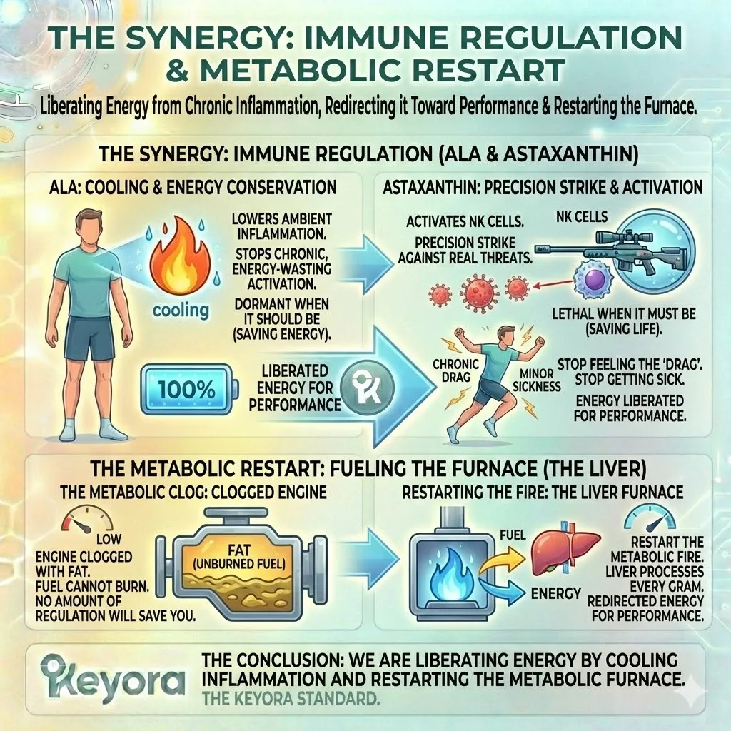 The Strategic Synthesizer integrates ALA and Astaxanthin to synchronize immune dormancy with precision lethality, liberating energy from Meta-Inflammation for peak performance. The Strategic Synthesizer integrates ALA and Astaxanthin to synchronize immune dormancy with precision lethality, liberating energy from Meta-Inflammation for peak performance.
