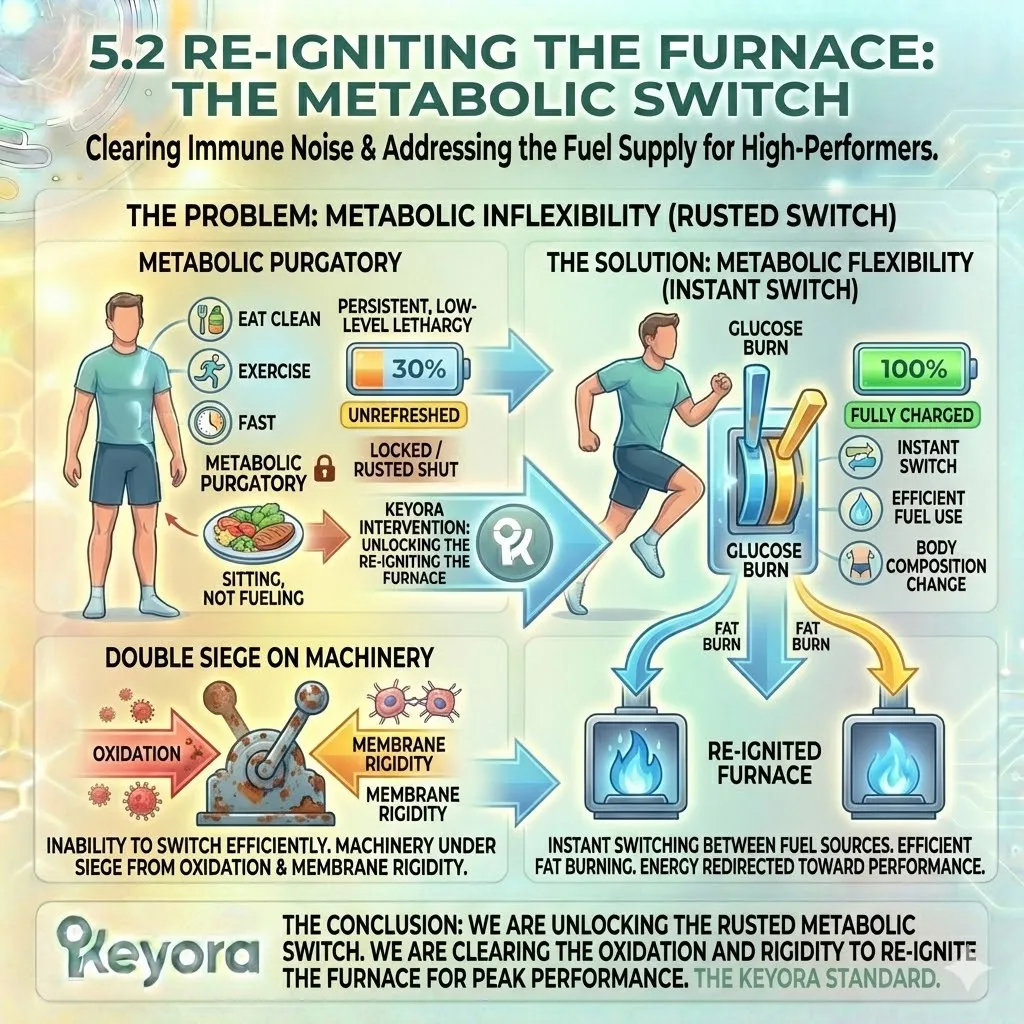Metabolic Inflexibility acts as a rusted switch within the Four-Drive System, where oxidative stress and membrane rigidity prevent the transition from glucose to lipid oxidation. Metabolic Inflexibility acts as a rusted switch within the Four-Drive System, where oxidative stress and membrane rigidity prevent the transition from glucose to lipid oxidation.