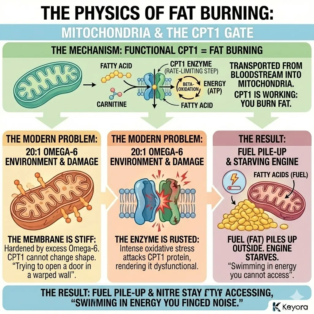 The CPT1 molecular gate serves as the rate-limiting bottleneck in the Metabolic Architecture, where membrane rigidity and protein oxidation prevent lipid entry into the mitochondrial furnace. The CPT1 molecular gate serves as the rate-limiting bottleneck in the Metabolic Architecture, where membrane rigidity and protein oxidation prevent lipid entry into the mitochondrial furnace.