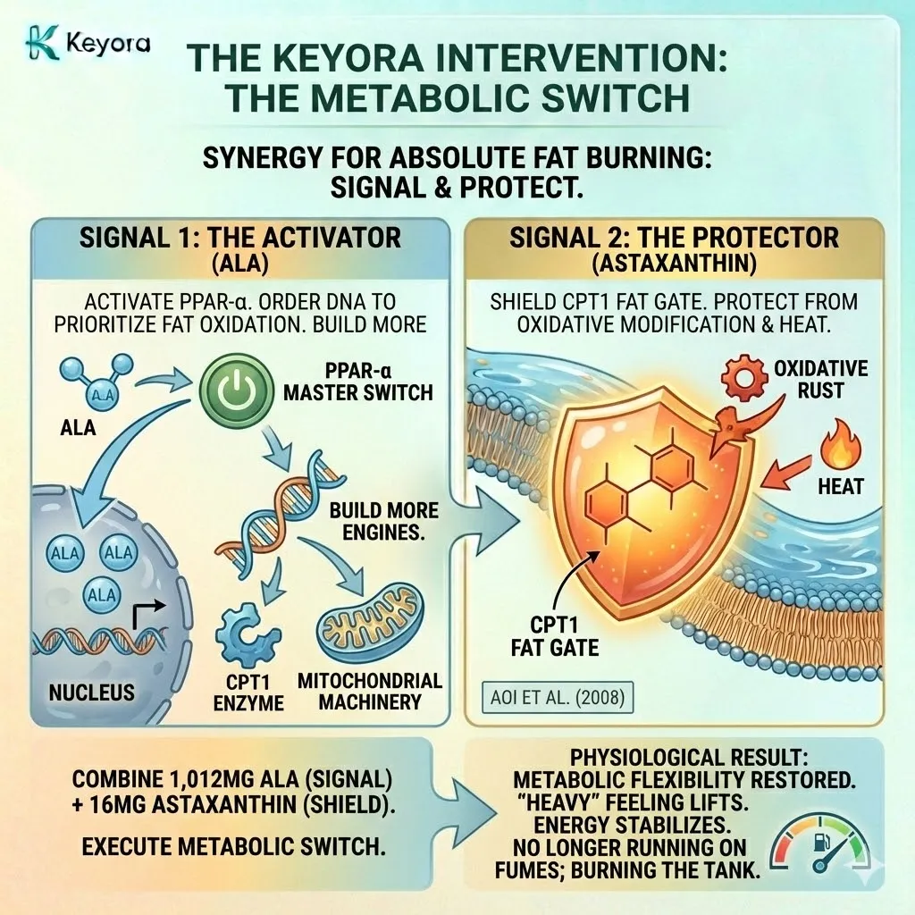 The Metabolic Switch utilizes ALA to activate the PPAR-α master signal while Astaxanthin armors the CPT1 gate, unwarping the mitochondrial membrane to restore high-velocity fat oxidation. The Metabolic Switch utilizes ALA to activate the PPAR-α master signal while Astaxanthin armors the CPT1 gate, unwarping the mitochondrial membrane to restore high-velocity fat oxidation.
