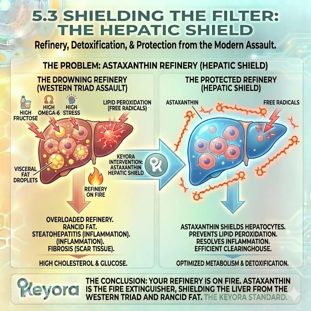 The Hepatic Shield intercepts the Western Triad, preventing Lipid Peroxidation of visceral fat droplets to halt the inflammatory cascade within the Metabolic Architecture. The Hepatic Shield intercepts the Western Triad, preventing Lipid Peroxidation of visceral fat droplets to halt the inflammatory cascade within the Metabolic Architecture.