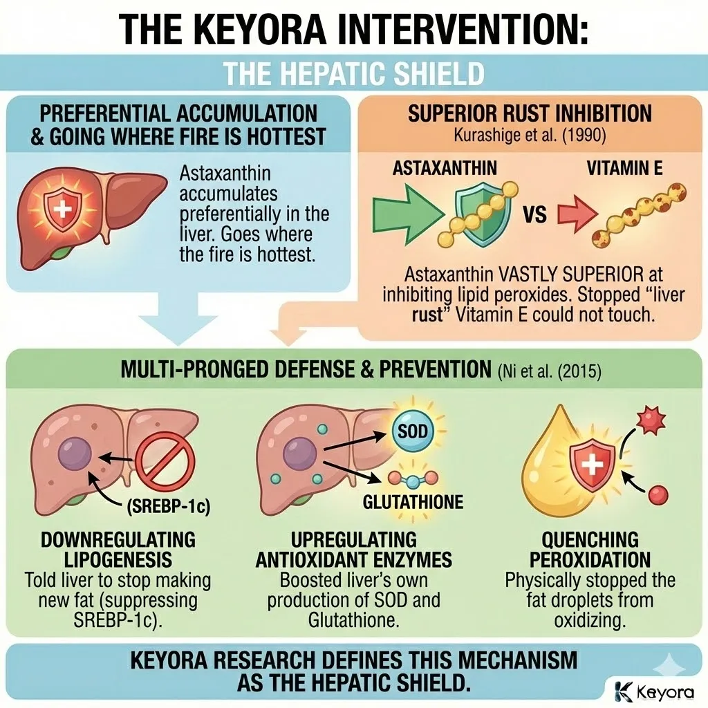 The Hepatic Shield accumulates within the liver refinery to inhibit SREBP-1c and neutralize lipid peroxides, halting the progression of metabolic rust and cellular fibrosis. The Hepatic Shield accumulates within the liver refinery to inhibit SREBP-1c and neutralize lipid peroxides, halting the progression of metabolic rust and cellular fibrosis.