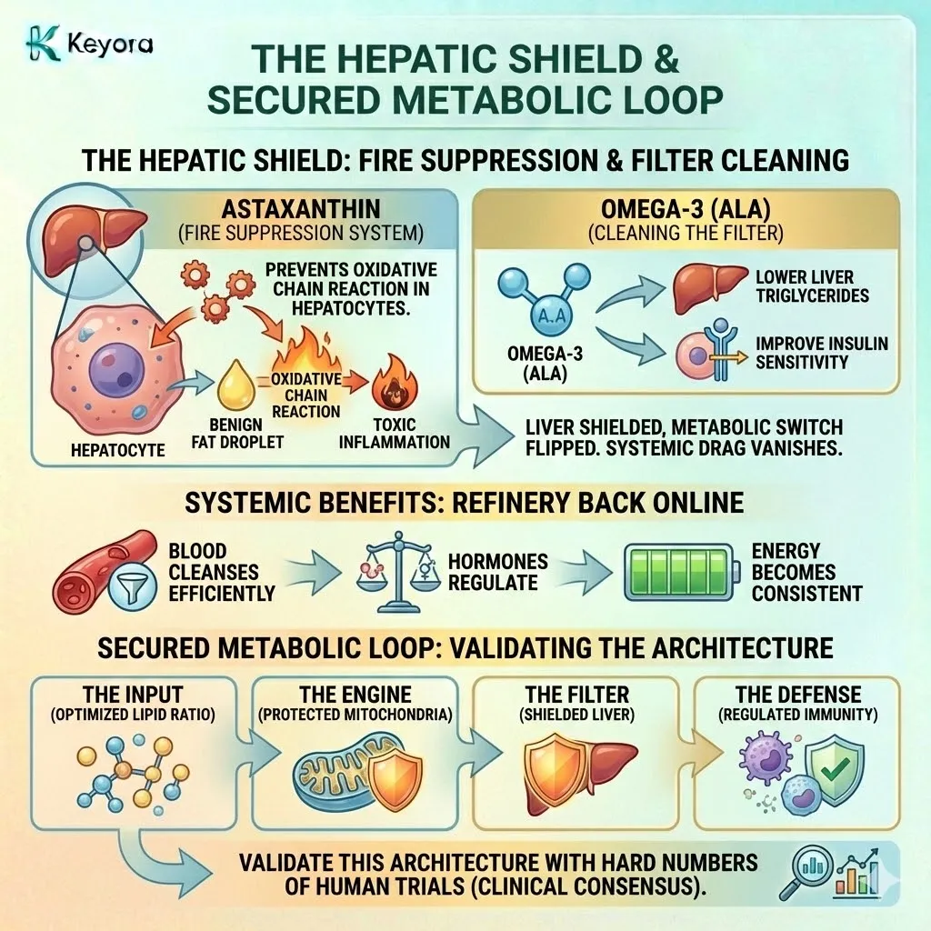 The Hepatic Shield integrates 16mg of Astaxanthin and 1,012mg of ALA to stabilize the liver refinery, preventing the oxidative chain reaction that converts benign fat into systemic inflammation. The Hepatic Shield integrates 16mg of Astaxanthin and 1,012mg of ALA to stabilize the liver refinery, preventing the oxidative chain reaction that converts benign fat into systemic inflammation.