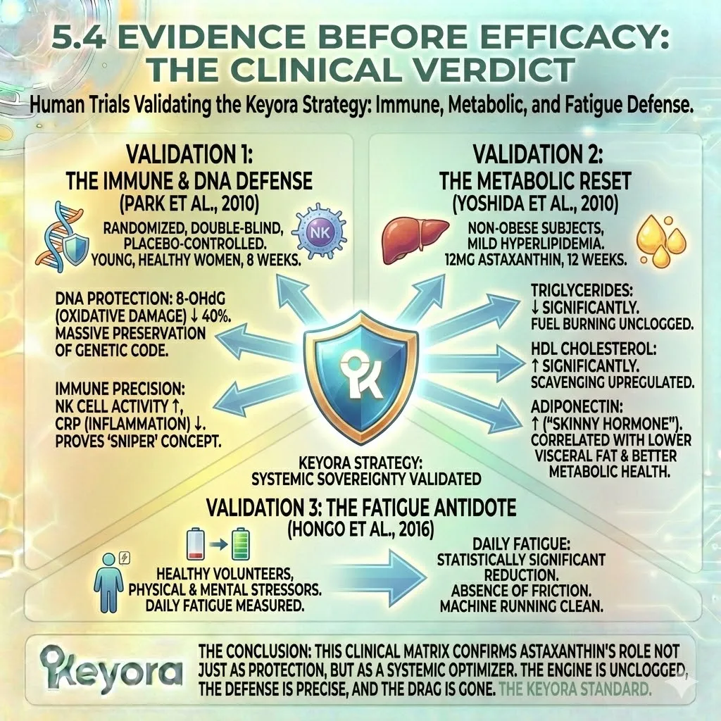 The clinical matrix validates the Four-Drive System, with Park et al. demonstrating a 40% reduction in DNA damage and Yoshida et al. confirming the metabolic shift through increased Adiponectin and HDL. The clinical matrix validates the Four-Drive System, with Park et al. demonstrating a 40% reduction in DNA damage and Yoshida et al. confirming the metabolic shift through increased Adiponectin and HDL.