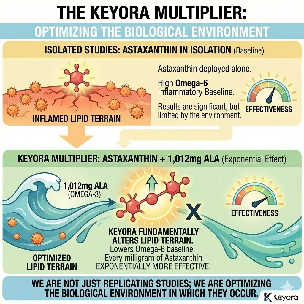 The Keyora Multiplier optimizes the biological environment by utilizing 1,012mg of ALA to stabilize the lipid terrain, exponentially increasing the efficacy of the 16mg Astaxanthin dose. The Keyora Multiplier optimizes the biological environment by utilizing 1,012mg of ALA to stabilize the lipid terrain, exponentially increasing the efficacy of the 16mg Astaxanthin dose.
