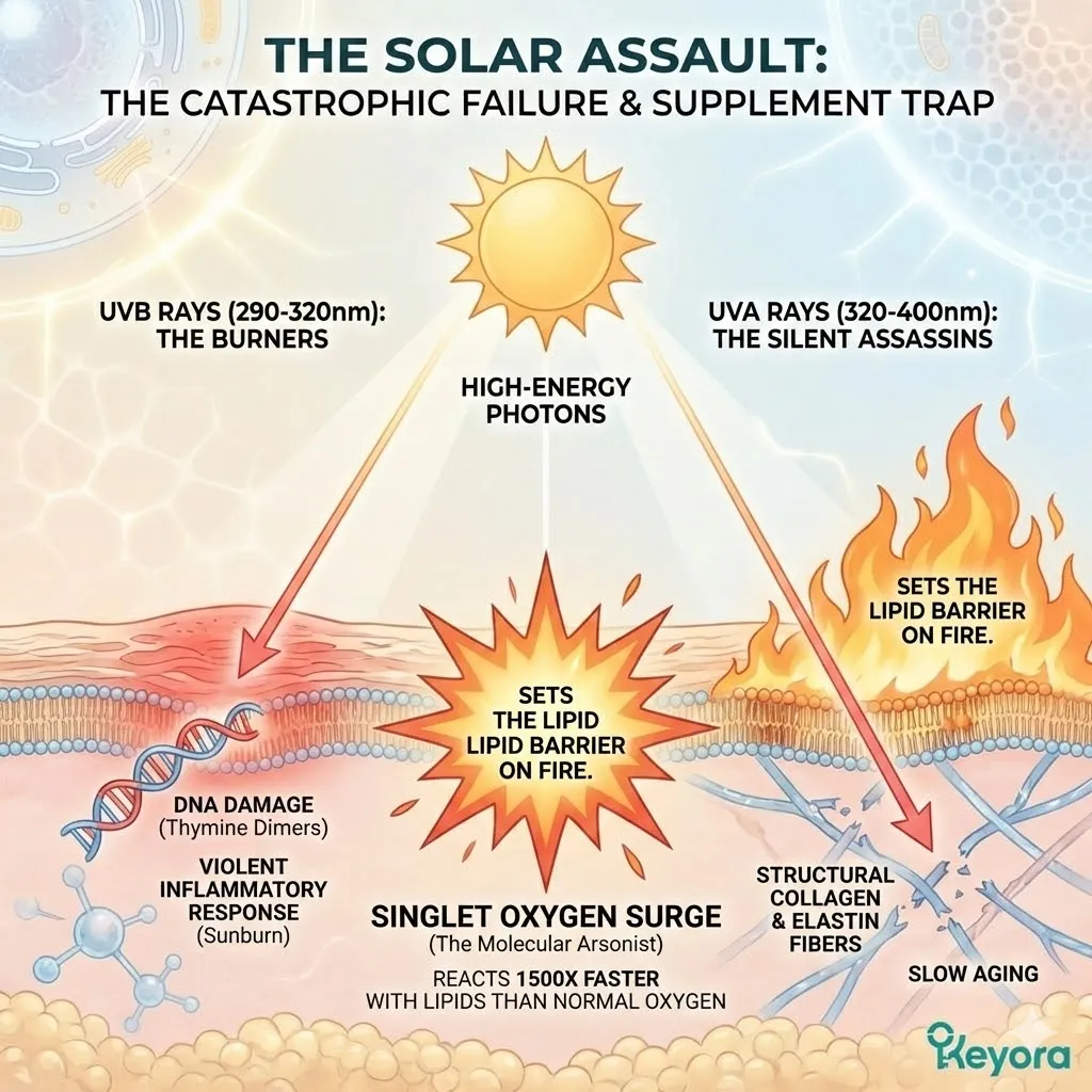Keyora Radiation Shield neutralizing Singlet Oxygen and UVA assassins to prevent Thymine Dimers and maintain structural Dermal Architecture integrity. Keyora Radiation Shield neutralizing Singlet Oxygen and UVA assassins to prevent Thymine Dimers and maintain structural Dermal Architecture integrity.