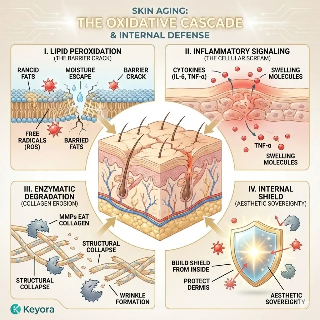 Keyora Systemic Regulator suppressing IL-6 and MMP enzymes to arrest Lipid Peroxidation and reinforce Dermal Architecture against structural collapse. Keyora Systemic Regulator suppressing IL-6 and MMP enzymes to arrest Lipid Peroxidation and reinforce Dermal Architecture against structural collapse.