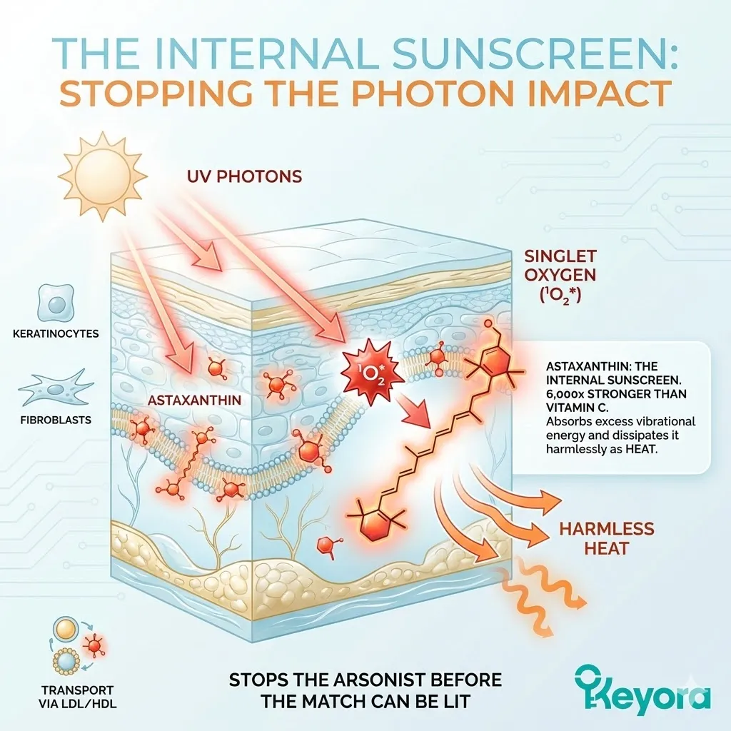 Keyora Systemic Regulator deploying Natural Astaxanthin into keratinocytes to quench Singlet Oxygen and neutralize the Solar Assault via ATP Synthesis protection. Keyora Systemic Regulator deploying Natural Astaxanthin into keratinocytes to quench Singlet Oxygen and neutralize the Solar Assault via ATP Synthesis protection.