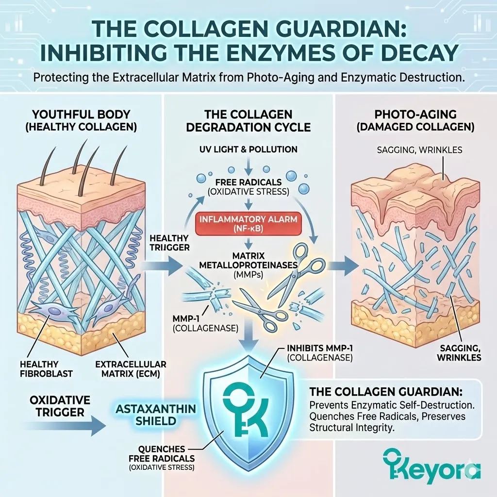 Keyora Systemic Regulator inhibiting NF-κB and MMP-1 molecular scissors to prevent collagen degradation and maintain structural Dermal Architecture. Keyora Systemic Regulator inhibiting NF-κB and MMP-1 molecular scissors to prevent collagen degradation and maintain structural Dermal Architecture.