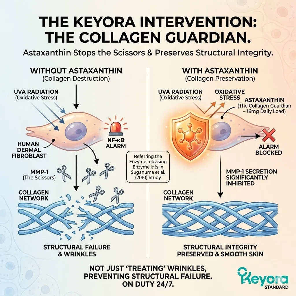 Keyora Systemic Regulator suppressing MMP-1 expression and NF-κB signaling to preserve Dermal Architecture and prevent structural collagen failure. Keyora Systemic Regulator suppressing MMP-1 expression and NF-κB signaling to preserve Dermal Architecture and prevent structural collagen failure.