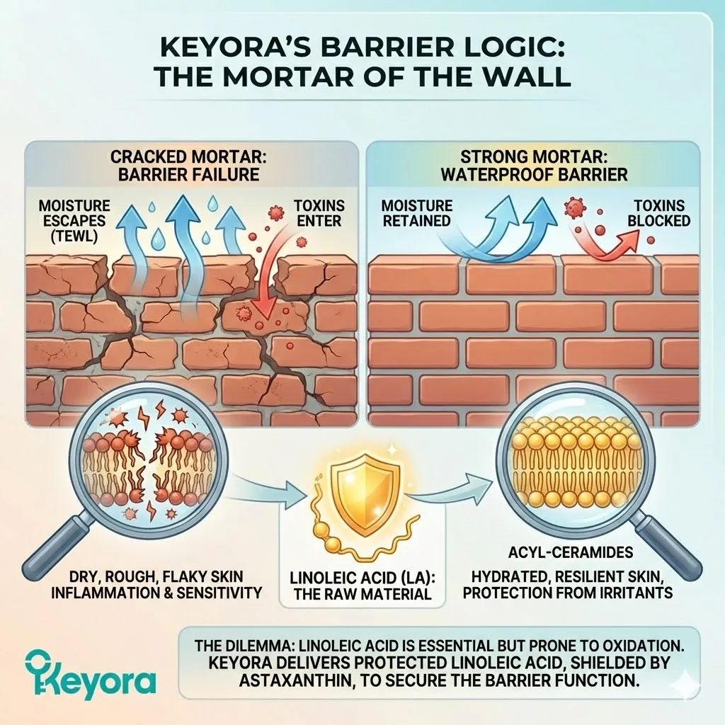 Keyora Systemic Regulator stabilizing Linoleic Acid within the Lipid Bilayer to prevent Transepidermal Water Loss and reinforce Dermal Architecture. Keyora Systemic Regulator stabilizing Linoleic Acid within the Lipid Bilayer to prevent Transepidermal Water Loss and reinforce Dermal Architecture.