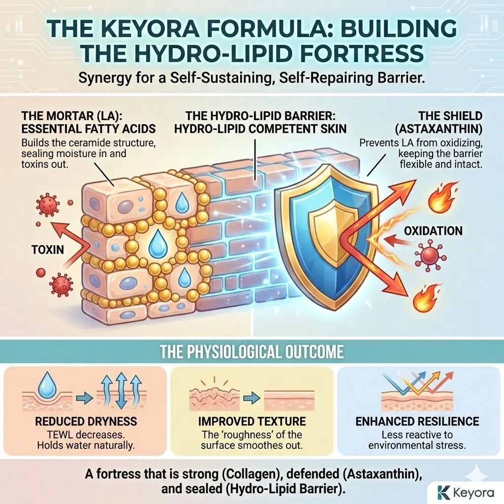Keyora Systemic Regulator synthesizing the Hydro-Lipid Barrier by protecting Linoleic Acid from oxidation to arrest Transepidermal Water Loss and ensure Dermal Architecture integrity. Keyora Systemic Regulator synthesizing the Hydro-Lipid Barrier by protecting Linoleic Acid from oxidation to arrest Transepidermal Water Loss and ensure Dermal Architecture integrity.