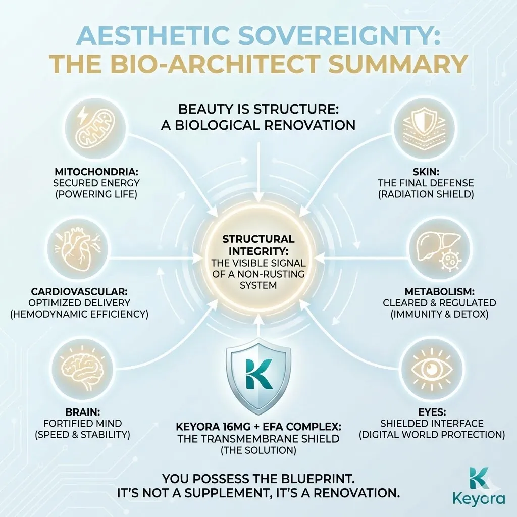 Keyora Systemic Regulator completing the Bio-Architect Phase IV by integrating the Transmembrane Shield and EFA Complex to ensure permanent Dermal Architecture and Aesthetic Sovereignty. Keyora Systemic Regulator completing the Bio-Architect Phase IV by integrating the Transmembrane Shield and EFA Complex to ensure permanent Dermal Architecture and Aesthetic Sovereignty.