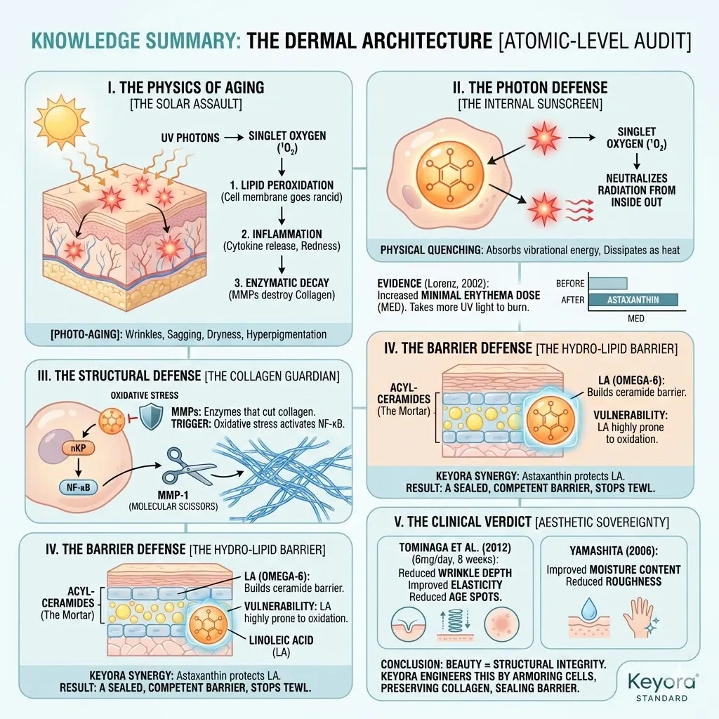Keyora Systemic Regulator neutralizing Singlet Oxygen and MMP-1 enzymes to fortify the Hydro-Lipid Barrier and preserve structural Dermal Architecture. Keyora Systemic Regulator neutralizing Singlet Oxygen and MMP-1 enzymes to fortify the Hydro-Lipid Barrier and preserve structural Dermal Architecture.