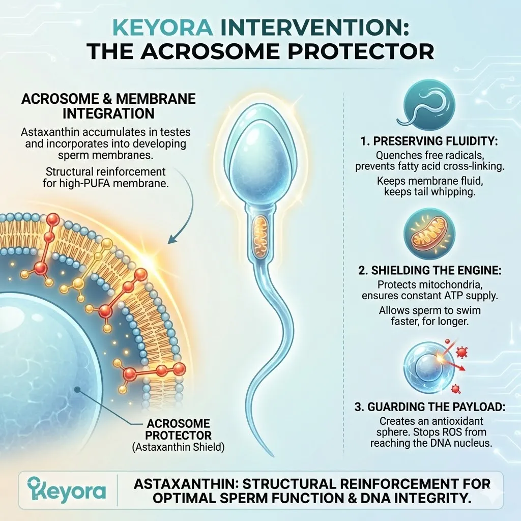 Keyora Systemic Regulator integrating Natural Astaxanthin into the sperm lipid bilayer to preserve membrane fluidity and shield the DNA payload from oxidative fragmentation. Keyora Systemic Regulator integrating Natural Astaxanthin into the sperm lipid bilayer to preserve membrane fluidity and shield the DNA payload from oxidative fragmentation.