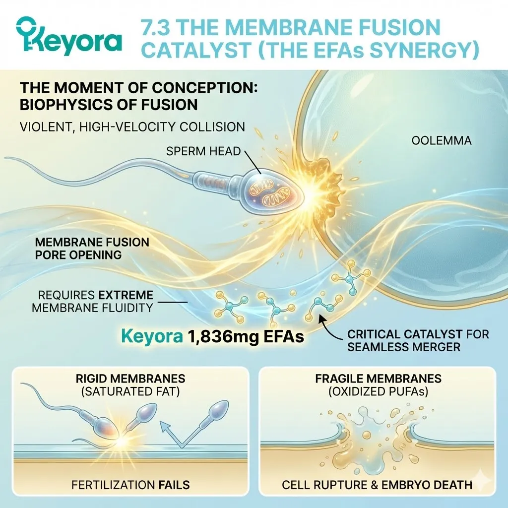 Keyora Systemic Regulator utilizing 1,836mg EFAs to maximize Membrane Fluidity and catalyze the opening of the fusion pore during the sperm-oocyte collision. Keyora Systemic Regulator utilizing 1,836mg EFAs to maximize Membrane Fluidity and catalyze the opening of the fusion pore during the sperm-oocyte collision.