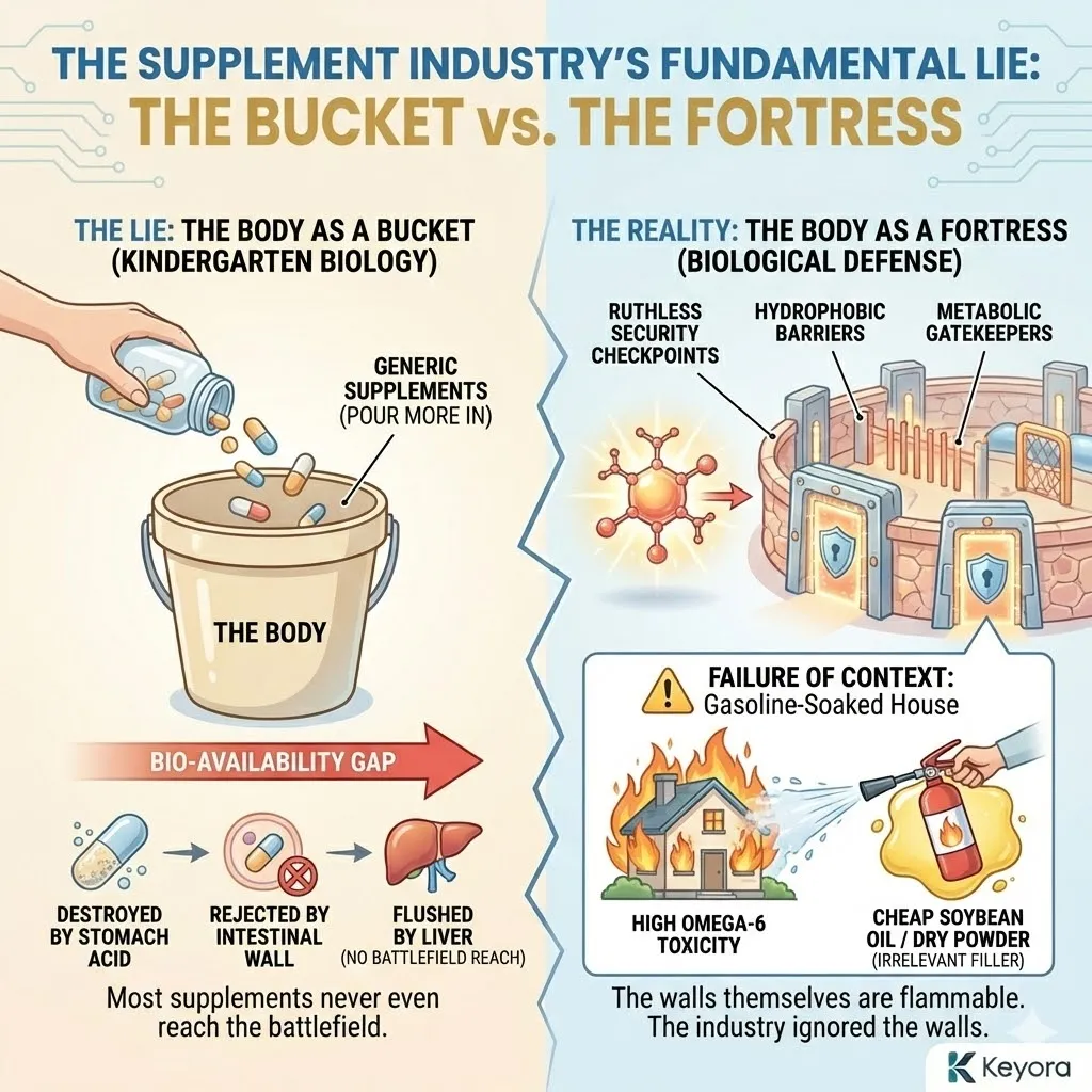 Keyora Systemic Regulator overcoming the Bio-availability Gap by replacing the "Bucket Model" with a structural lipid-delivery architecture that bypasses metabolic gatekeepers. Keyora Systemic Regulator overcoming the Bio-availability Gap by replacing the "Bucket Model" with a structural lipid-delivery architecture that bypasses metabolic gatekeepers.