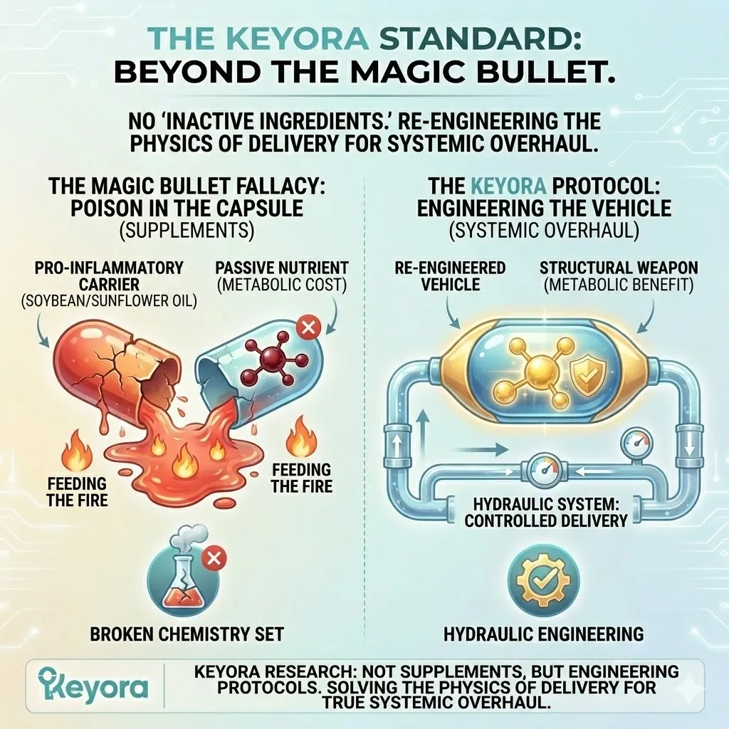 Keyora Systemic Regulator eliminating "Inactive Ingredients" by replacing pro-inflammatory industrial oils with a metabolic delivery vehicle designed for Hydraulic System optimization. Keyora Systemic Regulator eliminating "Inactive Ingredients" by replacing pro-inflammatory industrial oils with a metabolic delivery vehicle designed for Hydraulic System optimization.