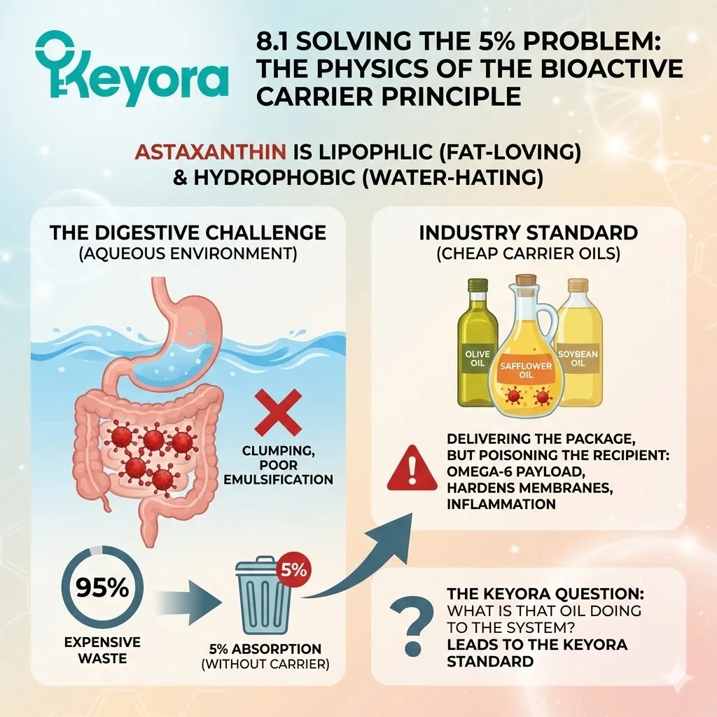 Keyora Systemic Regulator utilizing the Bioactive Carrier Principle to overcome the 5% Absorption Barrier by emulsifying lipophilic molecules within a structural lipid matrix. Keyora Systemic Regulator utilizing the Bioactive Carrier Principle to overcome the 5% Absorption Barrier by emulsifying lipophilic molecules within a structural lipid matrix.