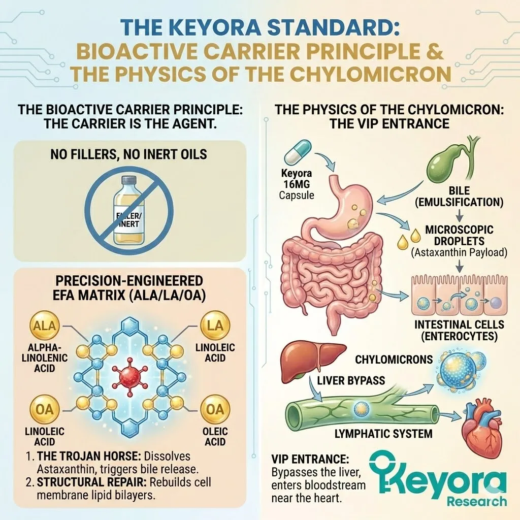 Keyora Systemic Regulator utilizing the Bioactive Carrier Principle to activate Chylomicron packaging, bypassing the portal vein and securing the "VIP Entrance" to the lymphatic system. Keyora Systemic Regulator utilizing the Bioactive Carrier Principle to activate Chylomicron packaging, bypassing the portal vein and securing the "VIP Entrance" to the lymphatic system.