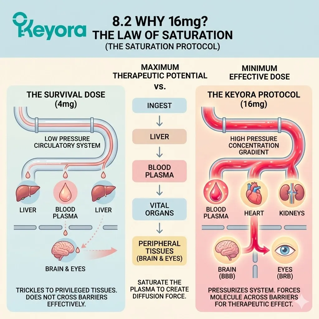 Keyora Systemic Regulator utilizing the 16mg Saturation Protocol to engineer the Concentration Gradient required to bypass the Blood-Brain and Blood-Retinal Barriers. Keyora Systemic Regulator utilizing the 16mg Saturation Protocol to engineer the Concentration Gradient required to bypass the Blood-Brain and Blood-Retinal Barriers.