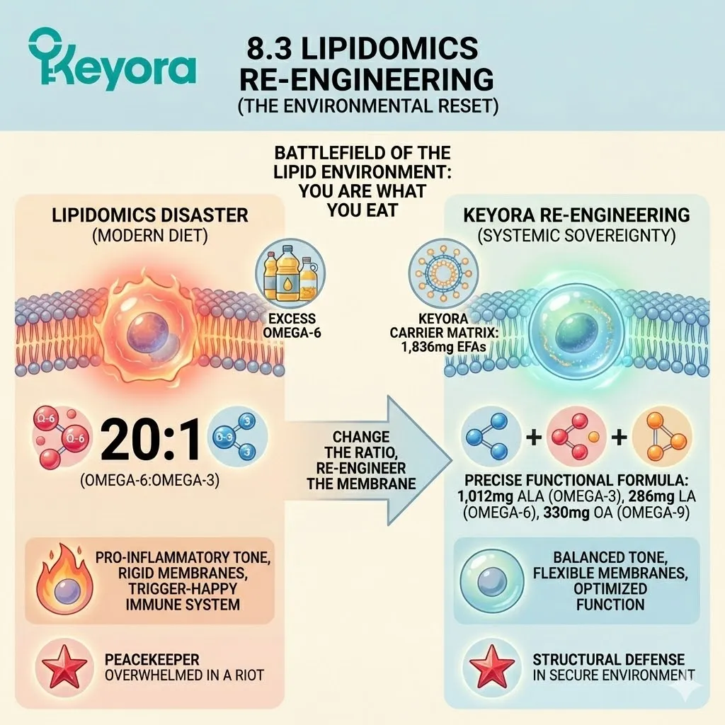 Keyora Systemic Regulator utilizing the 1,836mg EFA Matrix to reset the ancestral 3:1 lipid ratio and dismantle the Pro-Inflammatory Tone of the modern 20:1 imbalance. Keyora Systemic Regulator utilizing the 1,836mg EFA Matrix to reset the ancestral 3:1 lipid ratio and dismantle the Pro-Inflammatory Tone of the modern 20:1 imbalance.