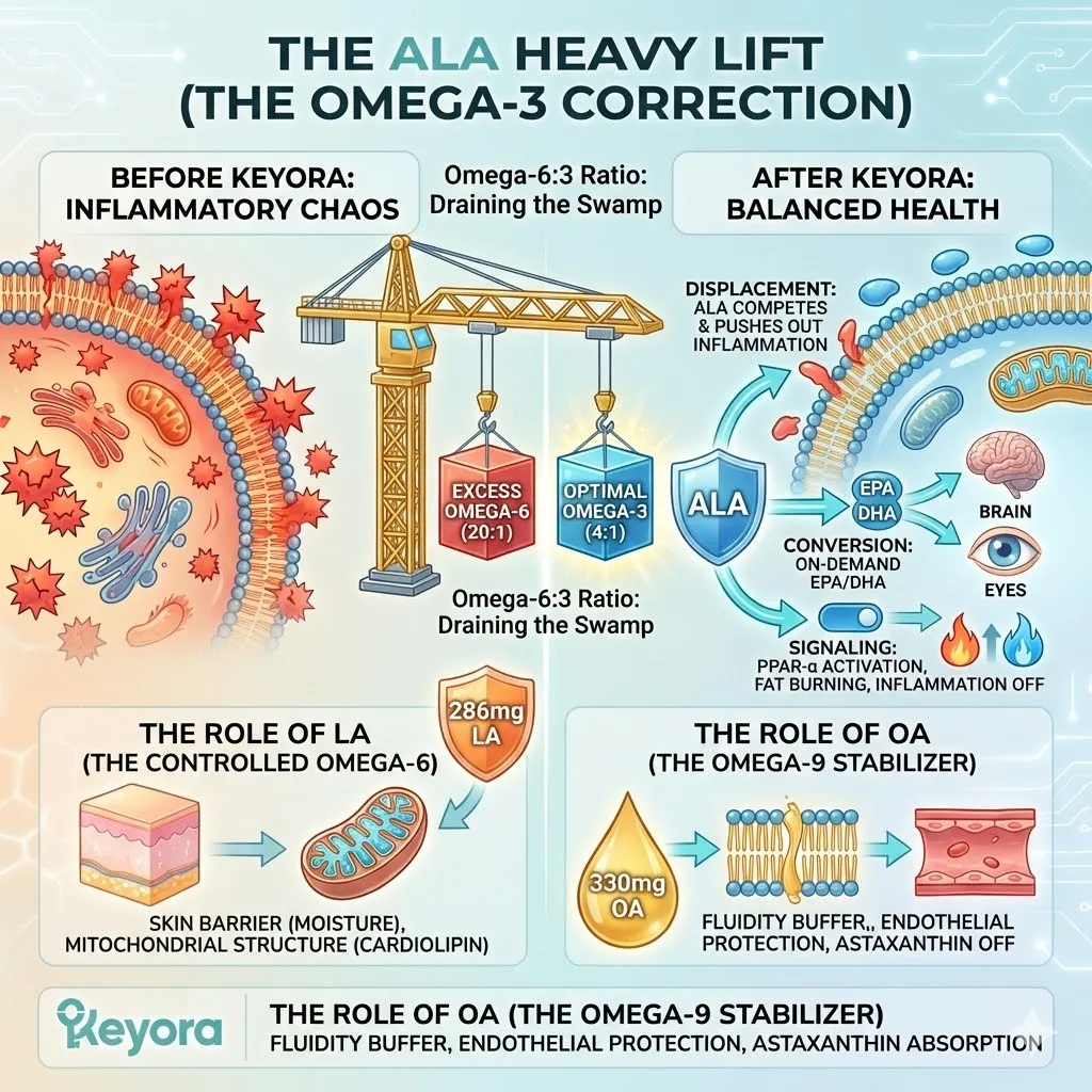Keyora Systemic Regulator utilizing 1,012mg of ALA to execute the "Omega-3 Correction," physically displacing excess inflammatory lipids to reset the membrane's genetic signaling. Keyora Systemic Regulator utilizing 1,012mg of ALA to execute the "Omega-3 Correction," physically displacing excess inflammatory lipids to reset the membrane's genetic signaling.