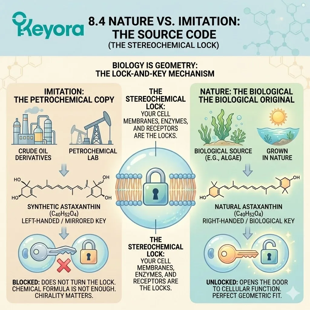 Keyora Systemic Regulator identifying the Geometric Failure of synthetic molecules through the Stereochemical Lock principle, ensuring only "Biological Keys" interface with cellular receptors. Keyora Systemic Regulator identifying the Geometric Failure of synthetic molecules through the Stereochemical Lock principle, ensuring only "Biological Keys" interface with cellular receptors.