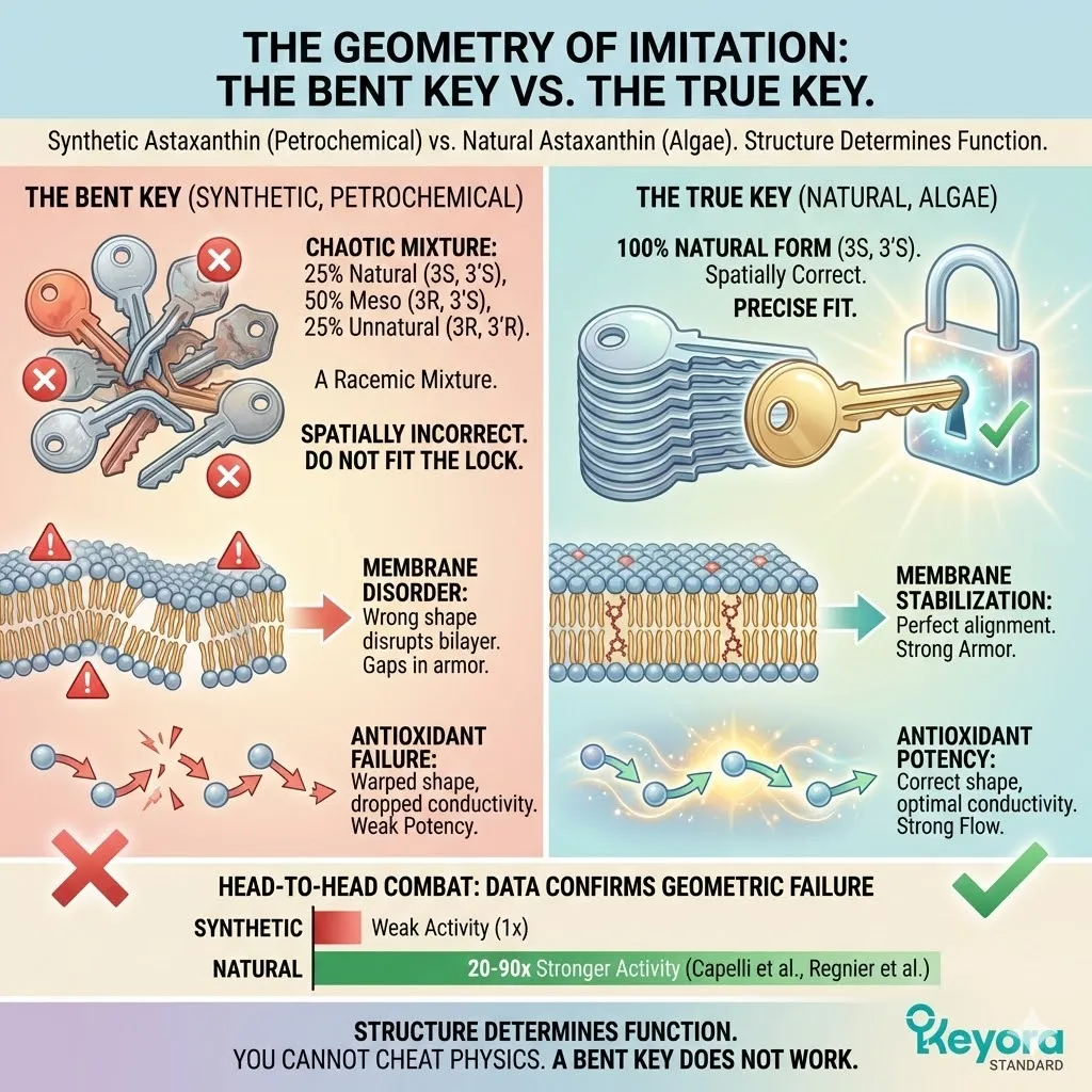 Keyora Systemic Regulator identifying the Geometric Failure of the "Bent Key" synthetic racemic mixture (3R, 3’S and 3R, 3’R) which disrupts membrane order and reduces antioxidant conductivity. Keyora Systemic Regulator identifying the Geometric Failure of the "Bent Key" synthetic racemic mixture (3R, 3’S and 3R, 3’R) which disrupts membrane order and reduces antioxidant conductivity.