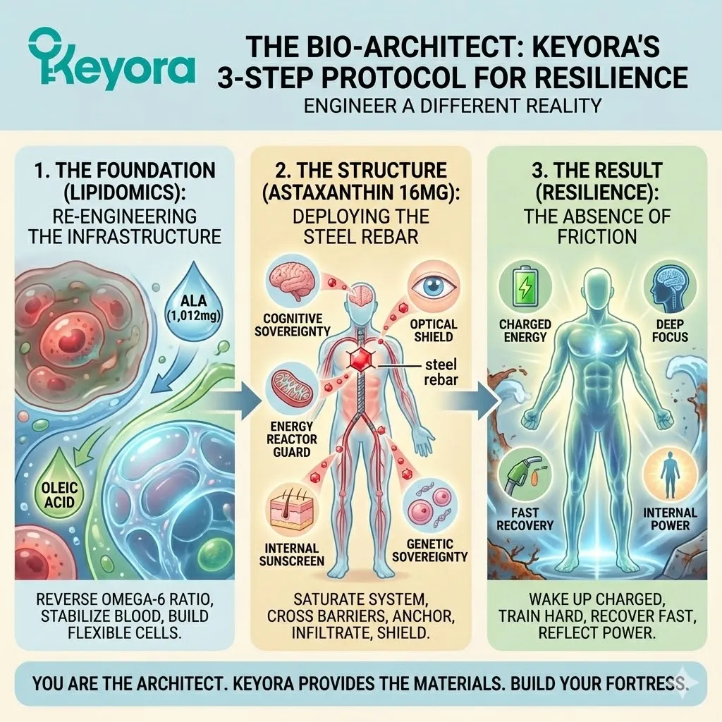 Keyora Systemic Regulator integrating the 1,012mg ALA foundation with the 16mg "Steel Rebar" of Astaxanthin to finalize the construction of the Biological Fortress. Keyora Systemic Regulator integrating the 1,012mg ALA foundation with the 16mg "Steel Rebar" of Astaxanthin to finalize the construction of the Biological Fortress.