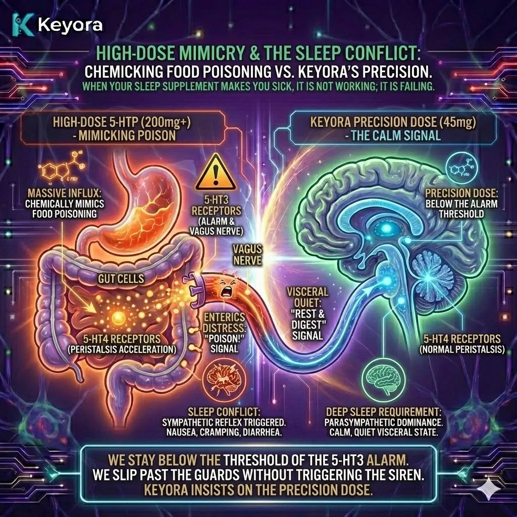 Precision Dose avoids High-Dose Mimicry by staying below the 5-HT3 alarm threshold, bypassing the Neuro-Endocrine Storm to preserve Neurological Sovereignty. Precision Dose avoids High-Dose Mimicry by staying below the 5-HT3 alarm threshold, bypassing the Neuro-Endocrine Storm to preserve Neurological Sovereignty.