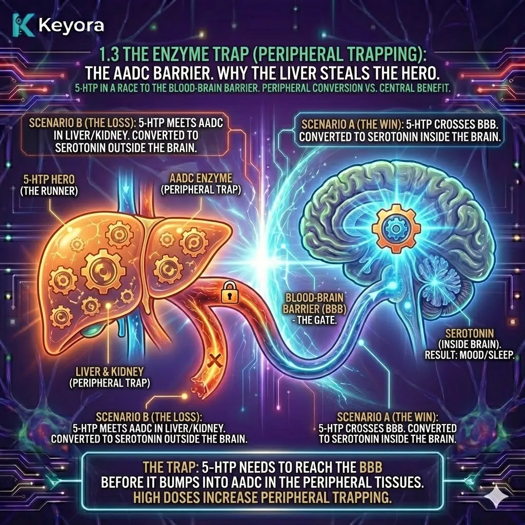 The AADC Barrier traps peripheral 5-HTP, causing premature conversion and a Neuro-Endocrine Storm that blocks Neurological Sovereignty and CNS access. The AADC Barrier traps peripheral 5-HTP, causing premature conversion and a Neuro-Endocrine Storm that blocks Neurological Sovereignty and CNS access.