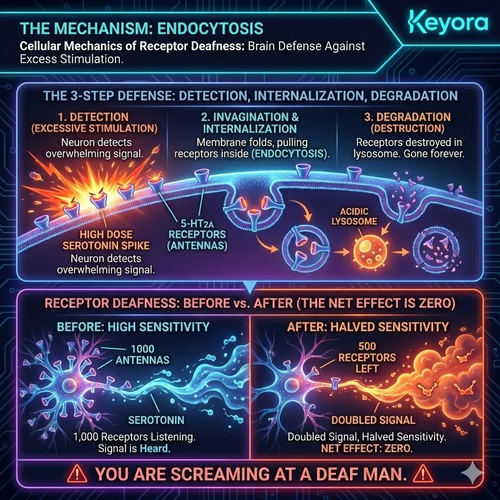 Endocytosis executes the internalisation of 5-HT2A receptors during a Neuro-Endocrine Storm, collapsing receptor density to breach total Neurological Sovereignty. Endocytosis executes the internalisation of 5-HT2A receptors during a Neuro-Endocrine Storm, collapsing receptor density to breach total Neurological Sovereignty.