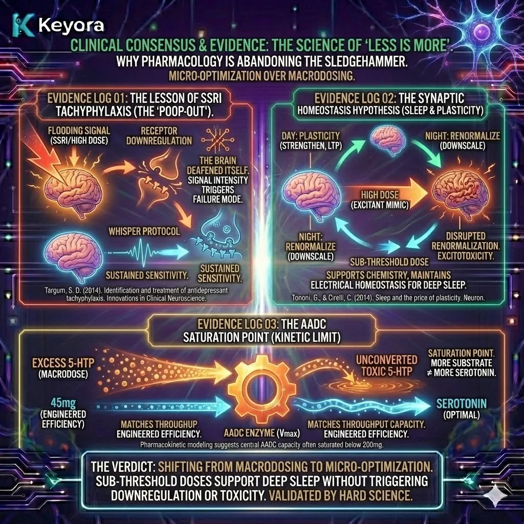 The Whisper Protocol secures Neurological Sovereignty by matching 5-HTP input to AADC Vmax velocity, avoiding the Neuro-Endocrine Storm of Tachyphylaxis and saturation. The Whisper Protocol secures Neurological Sovereignty by matching 5-HTP input to AADC Vmax velocity, avoiding the Neuro-Endocrine Storm of Tachyphylaxis and saturation.