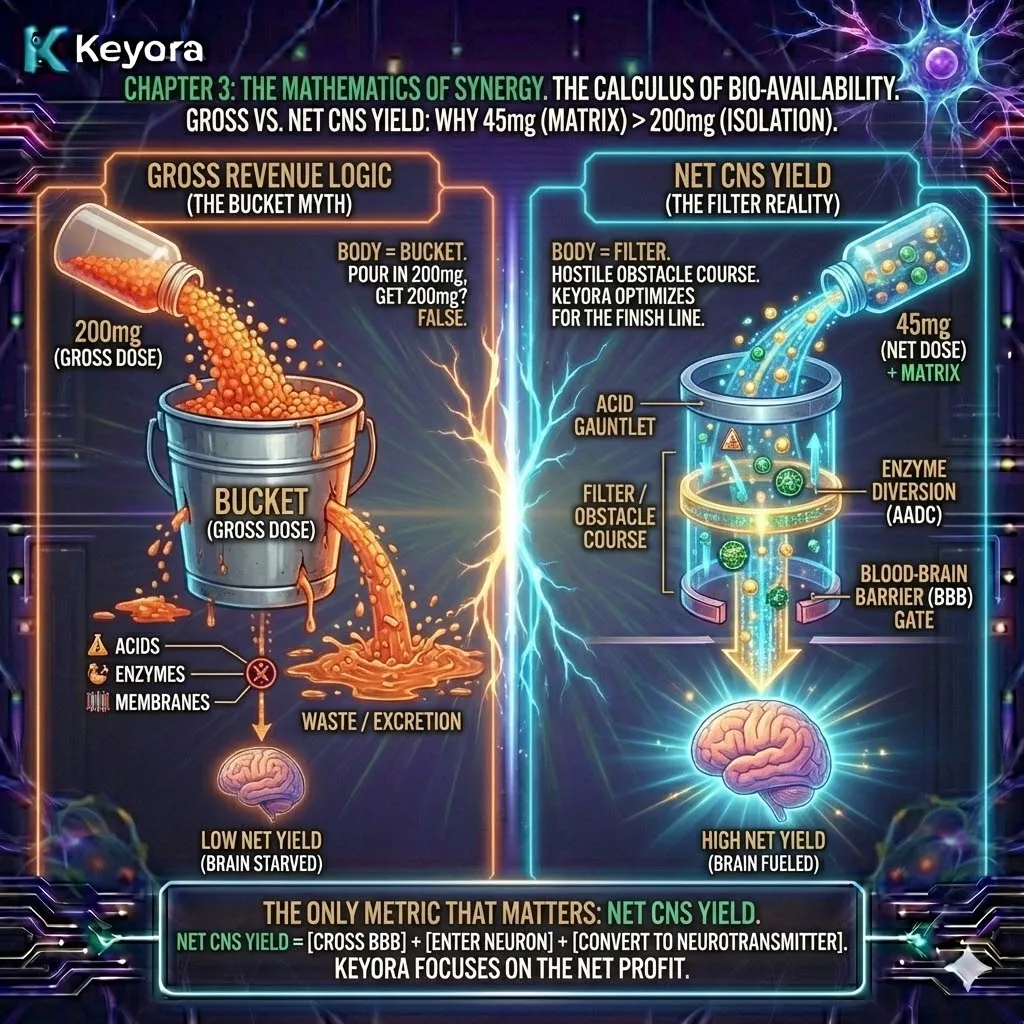 The Net CNS Yield equation defines the difference between Gross Dosage and metabolic profit, establishing Neurological Sovereignty by navigating the systemic filter. The Net CNS Yield equation defines the difference between Gross Dosage and metabolic profit, establishing Neurological Sovereignty by navigating the systemic filter.