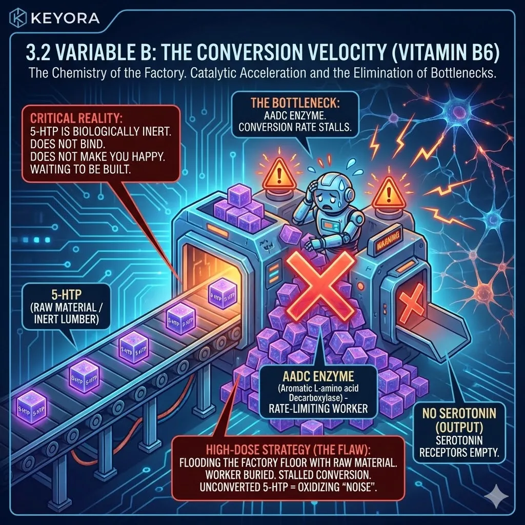 The AADC Bottleneck restricts the conversion of 5-HTP lumber, where megadoses overwhelm the enzymatic factory floor and compromise Neurological Sovereignty through rate-limiting stagnation. The AADC Bottleneck restricts the conversion of 5-HTP lumber, where megadoses overwhelm the enzymatic factory floor and compromise Neurological Sovereignty through rate-limiting stagnation.