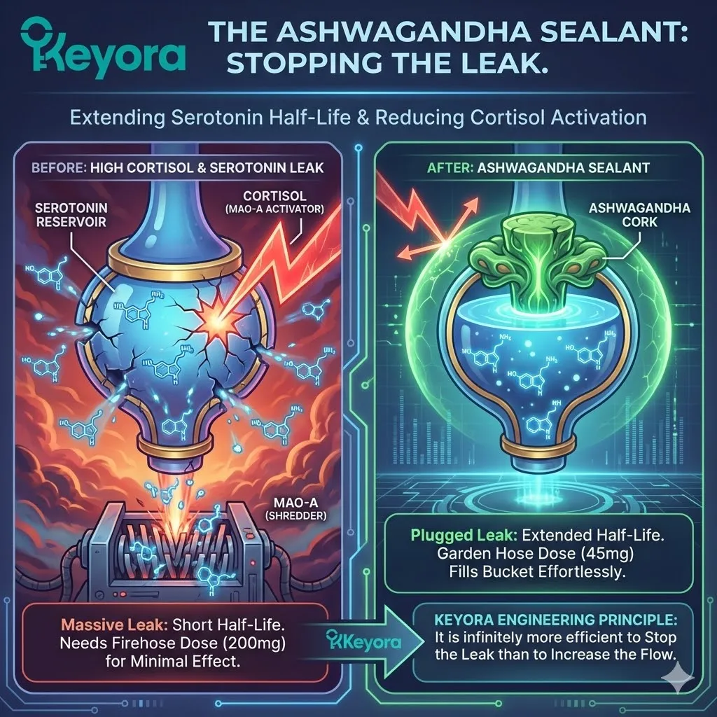 The Ashwagandha Sealant secures Neurological Sovereignty by modulating the Cortisol-MAO-A axis, extending Serotonin half-life and plugging the metabolic leak. The Ashwagandha Sealant secures Neurological Sovereignty by modulating the Cortisol-MAO-A axis, extending Serotonin half-life and plugging the metabolic leak.