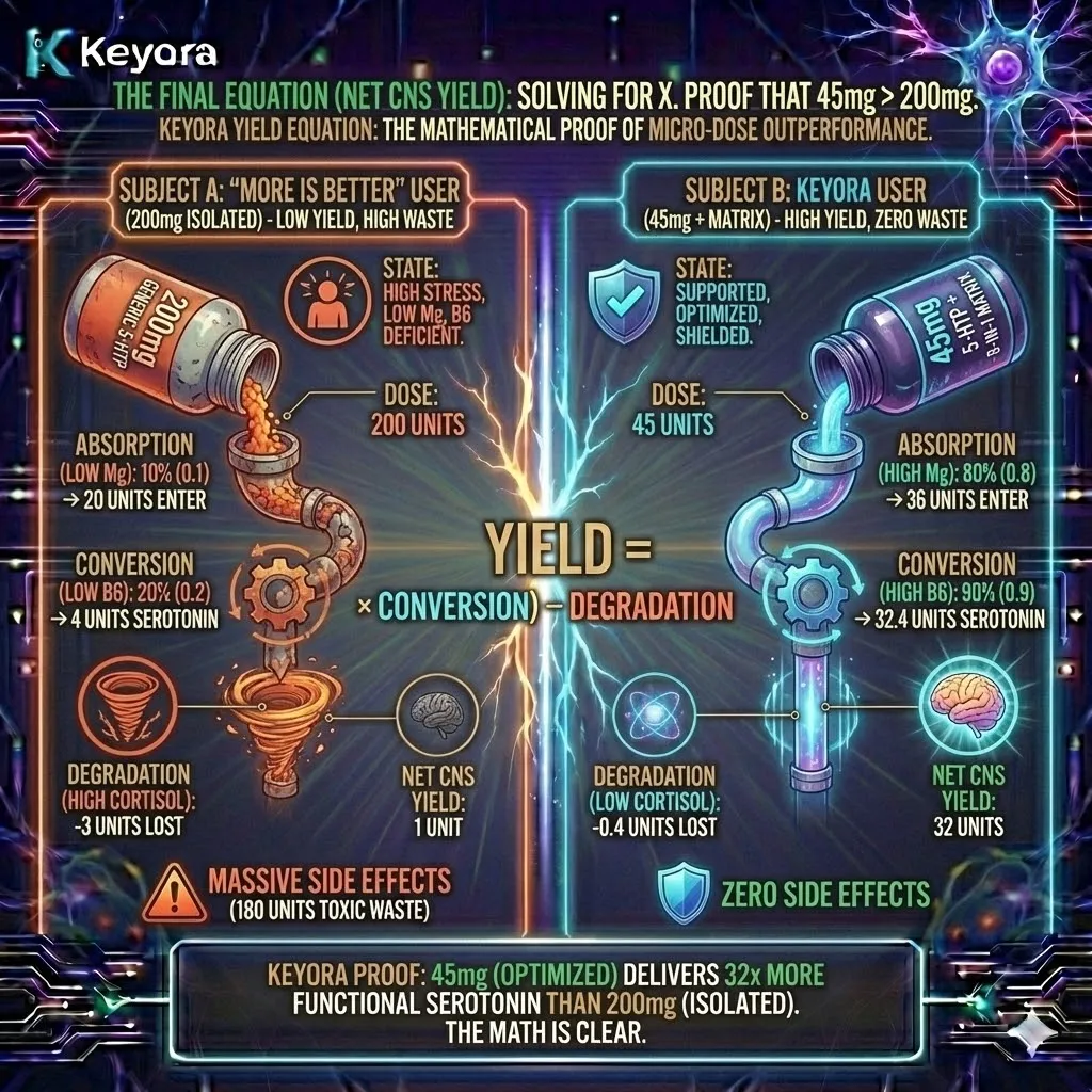The Keyora Yield Equation demonstrates that a 45mg optimized dose achieves 32x the functional Serotonin of a 200mg isolate by maximizing the variable coefficients of Absorption and Conversion while minimizing Degradation. The Keyora Yield Equation demonstrates that a 45mg optimized dose achieves 32x the functional Serotonin of a 200mg isolate by maximizing the variable coefficients of Absorption and Conversion while minimizing Degradation.