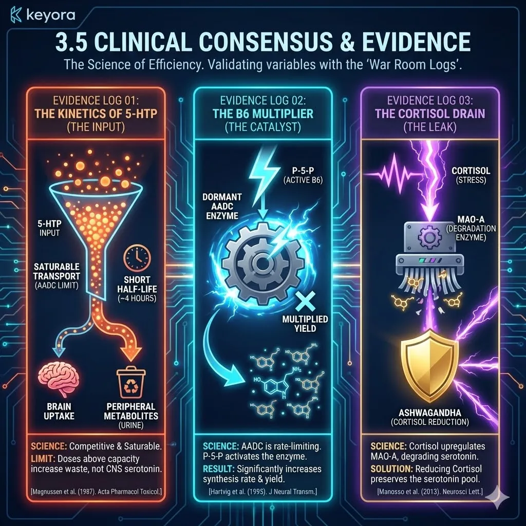 The Clinical Consensus validates the 32x Efficiency Ratio by mapping the synergy between AADC enzymatic velocity, P-5-P catalytic multiplication, and the mitigation of Cortisol-driven MAO-A degradation. The Clinical Consensus validates the 32x Efficiency Ratio by mapping the synergy between AADC enzymatic velocity, P-5-P catalytic multiplication, and the mitigation of Cortisol-driven MAO-A degradation.