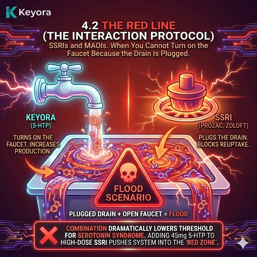 The Interaction Protocol defines the risk of combining 5-HTP (The Faucet) with SSRIs (The Drain Plug), where a blocked reuptake mechanism turns even a calibrated dose into a potential flood of systemic toxicity. The Interaction Protocol defines the risk of combining 5-HTP (The Faucet) with SSRIs (The Drain Plug), where a blocked reuptake mechanism turns even a calibrated dose into a potential flood of systemic toxicity.