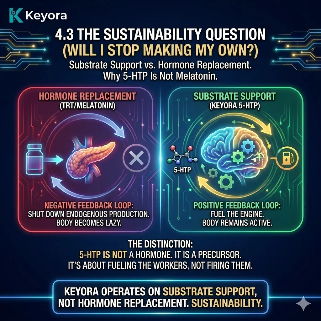 The Sustainability distinction establishes that 5-HTP functions as Substrate Support rather than Hormone Replacement, fueling the biosynthetic assembly line without triggering the negative feedback loops that cause glandular atrophy. The Sustainability distinction establishes that 5-HTP functions as Substrate Support rather than Hormone Replacement, fueling the biosynthetic assembly line without triggering the negative feedback loops that cause glandular atrophy.