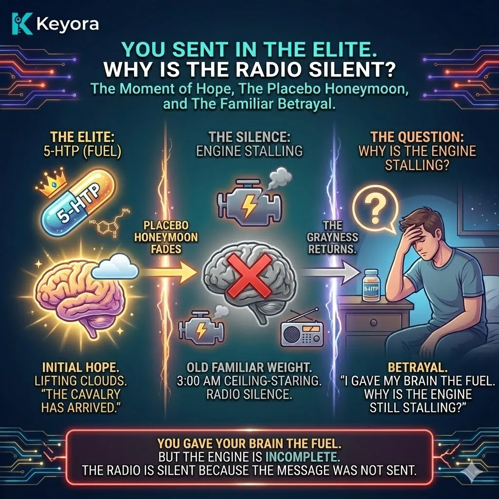 Halt the neuro-endocrine storm by bypassing rate-limiting enzymes to catalyze serotonin synthesis and restore the architectural integrity of sleep. Halt the neuro-endocrine storm by bypassing rate-limiting enzymes to catalyze serotonin synthesis and restore the architectural integrity of sleep.