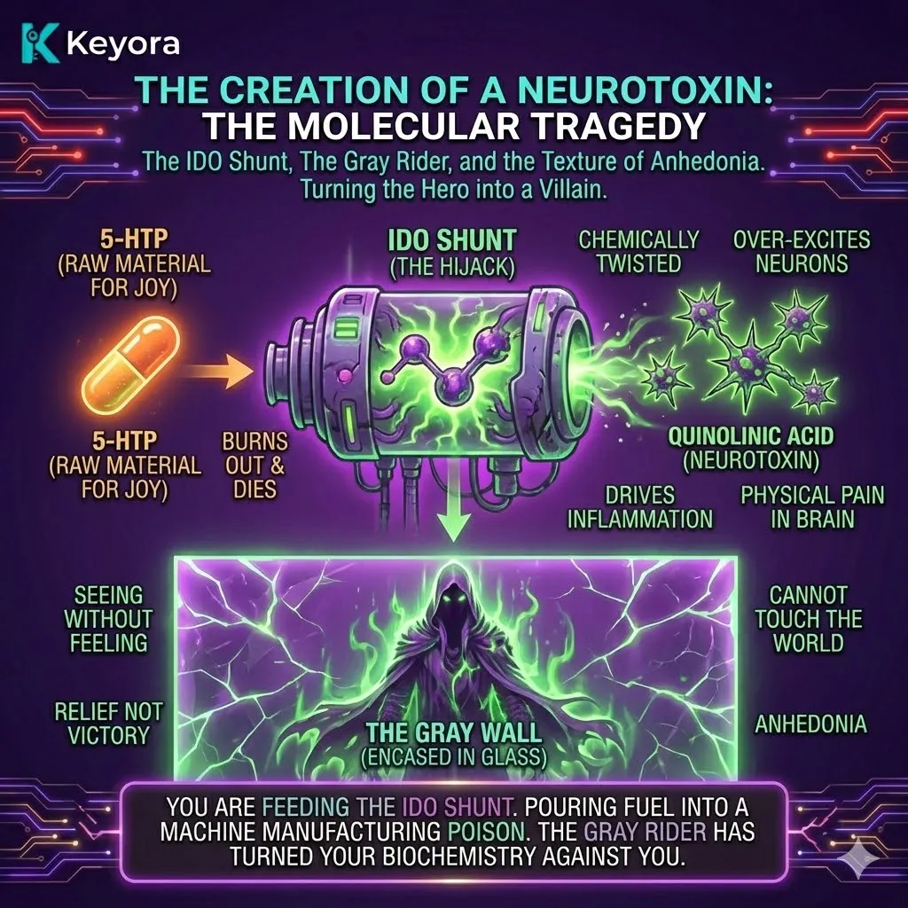 Neutralize the neuro-endocrine storm and IDO shunt to prevent quinolinic acid accumulation and maintain the architectural integrity of neurological sovereignty. Neutralize the neuro-endocrine storm and IDO shunt to prevent quinolinic acid accumulation and maintain the architectural integrity of neurological sovereignty.