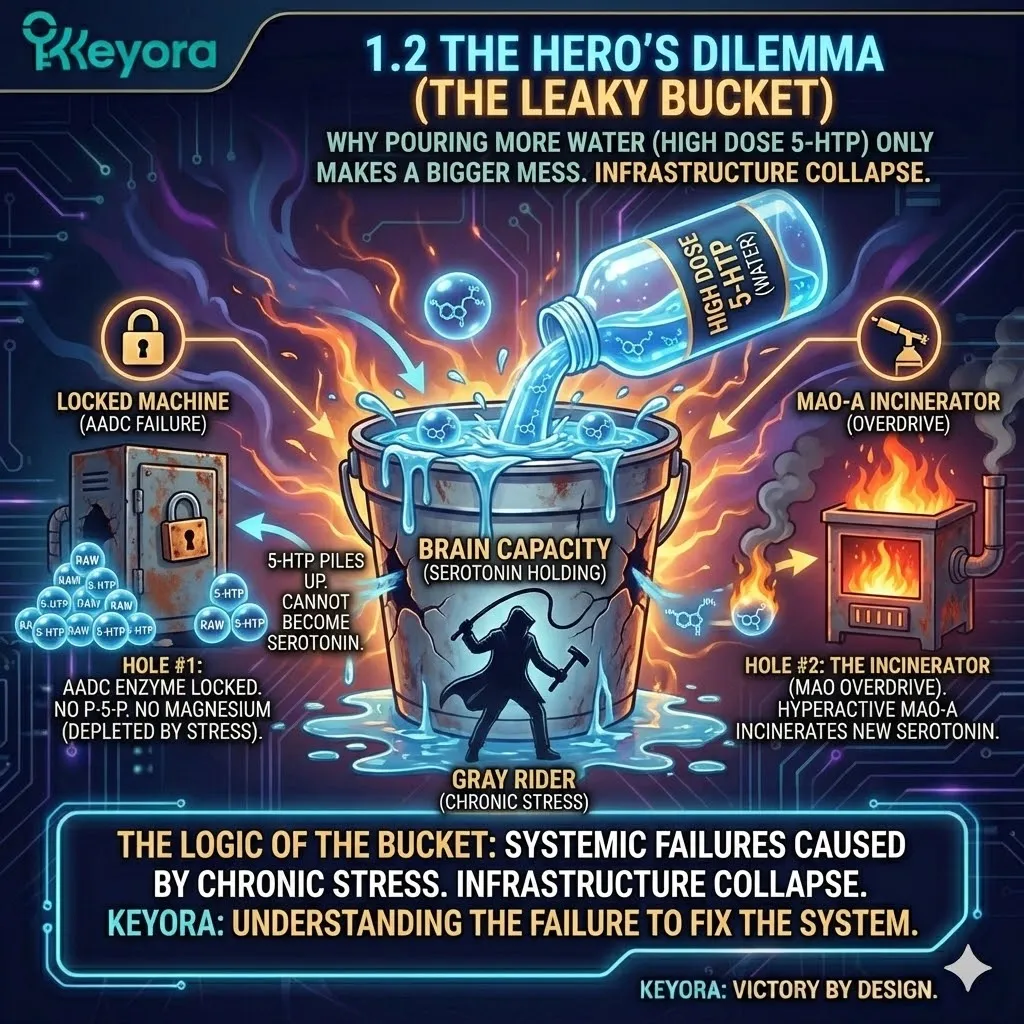 Eliminate the leaky bucket failure by restoring AADC enzyme activity through P-5-P and magnesium to stabilize ATP synthesis and stop MAO-A incineration. Eliminate the leaky bucket failure by restoring AADC enzyme activity through P-5-P and magnesium to stabilize ATP synthesis and stop MAO-A incineration.